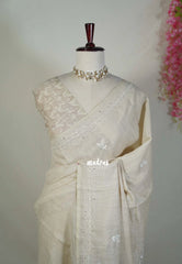 Muted Beige - Pragathi - Artisanal Kantha Stitch Handwork Linen Cotton Saree - Perfect for Office Wear | Summer wear | Casual Wear