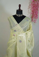 Pastel Yellowish Green - Kushboo Soft Tissue Silk Artisan Crafted Petite Embroidery - Perfect for Night Funtions