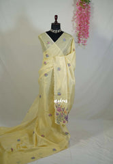 Creamy Butter Yellow - Kushboo Soft Tissue Silk Artisan Crafted Petite Embroidery - Perfect for Night Funtions