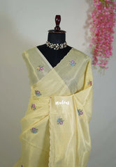 Creamy Butter Yellow - Kushboo Soft Tissue Silk Artisan Crafted Petite Embroidery - Perfect for Night Funtions