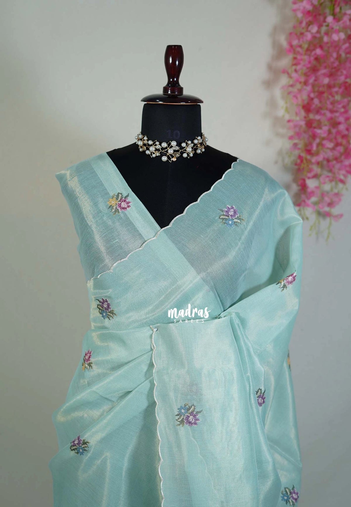 Pastel Turquoise Blue - Kushboo Soft Tissue Silk Artisan Crafted Petite Embroidery - Perfect for Night Funtions