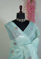 Pastel Turquoise Blue - Kushboo Soft Tissue Silk Artisan Crafted Petite Embroidery - Perfect for Night Funtions