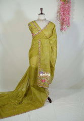 Mehndi Green - Linen Cotton Saree with Petite Embroider Work - Perfect for Office Wear | Summer wear | Casual Wear