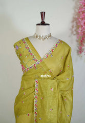Mehndi Green - Linen Cotton Saree with Petite Embroider Work - Perfect for Office Wear | Summer wear | Casual Wear
