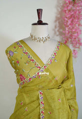Mehndi Green - Linen Cotton Saree with Petite Embroider Work - Perfect for Office Wear | Summer wear | Casual Wear