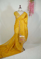 Marigold Yellow - Linen Cotton Saree with Petite Embroider Work - Perfect for Office Wear | Summer wear | Casual Wear