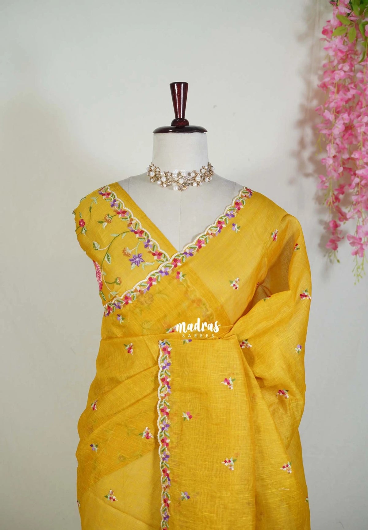 Marigold Yellow - Linen Cotton Saree with Petite Embroider Work - Perfect for Office Wear | Summer wear | Casual Wear