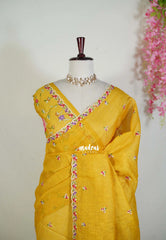 Marigold Yellow - Linen Cotton Saree with Petite Embroider Work - Perfect for Office Wear | Summer wear | Casual Wear