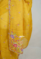 Marigold Yellow - Linen Cotton Saree with Petite Embroider Work - Perfect for Office Wear | Summer wear | Casual Wear