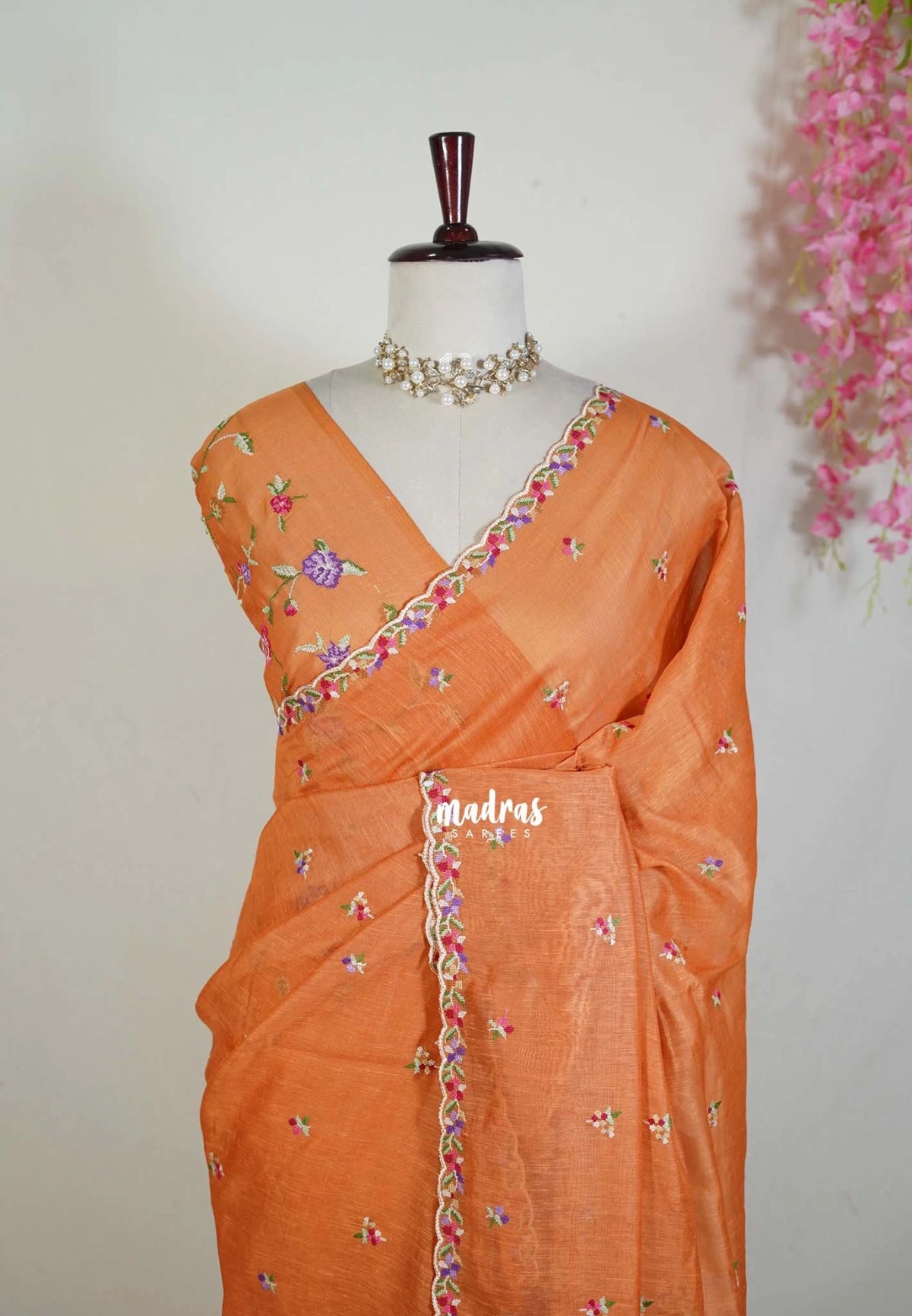 Safrron Orange - Linen Cotton Saree with Petite Embroider Work - Perfect for Office Wear | Summer wear | Casual Wear