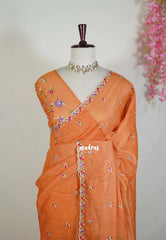 Safrron Orange - Linen Cotton Saree with Petite Embroider Work - Perfect for Office Wear | Summer wear | Casual Wear