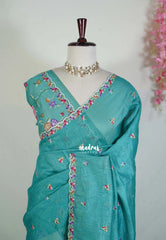 Teal Blue - Linen Cotton Saree with Petite Embroider Work - Perfect for Office Wear | Summer wear | Casual Wear