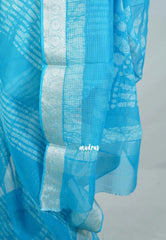 Deep Sky Blue with Stripes - Pure Kota Doriya Saree with Stripes Printed with Antique Silver Border - Perfect for Office Wear | Casual Wear | Summer Wear