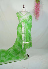 Light Lime Green with Stripes - Pure Kota Doriya Saree with Stripes Printed with Antique Silver Border - Perfect for Office Wear | Casual Wear | Summer Wear
