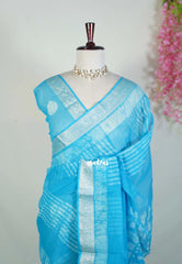 Deep Sky Blue with Stripes - Pure Kota Doriya Saree with Stripes Printed with Antique Silver Border - Perfect for Office Wear | Casual Wear | Summer Wear