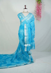 Deep Sky Blue with Stripes - Pure Kota Doriya Saree with Stripes Printed with Antique Silver Border - Perfect for Office Wear | Casual Wear | Summer Wear