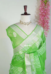 Light Lime Green with Stripes - Pure Kota Doriya Saree with Stripes Printed with Antique Silver Border - Perfect for Office Wear | Casual Wear | Summer Wear