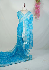 Deep Sky Blue - Pure Kota Doriya Saree with Square Printed with Antique Silver Border - Perfect for Office Wear | Casual Wear | Summer Wear