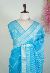 Deep Sky Blue - Pure Kota Doriya Saree with Square Printed with Antique Silver Border - Perfect for Office Wear | Casual Wear | Summer Wear