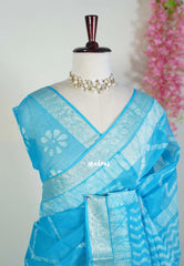 Deep Sky Blue - Pure Kota Doriya Saree with Square Printed with Antique Silver Border - Perfect for Office Wear | Casual Wear | Summer Wear