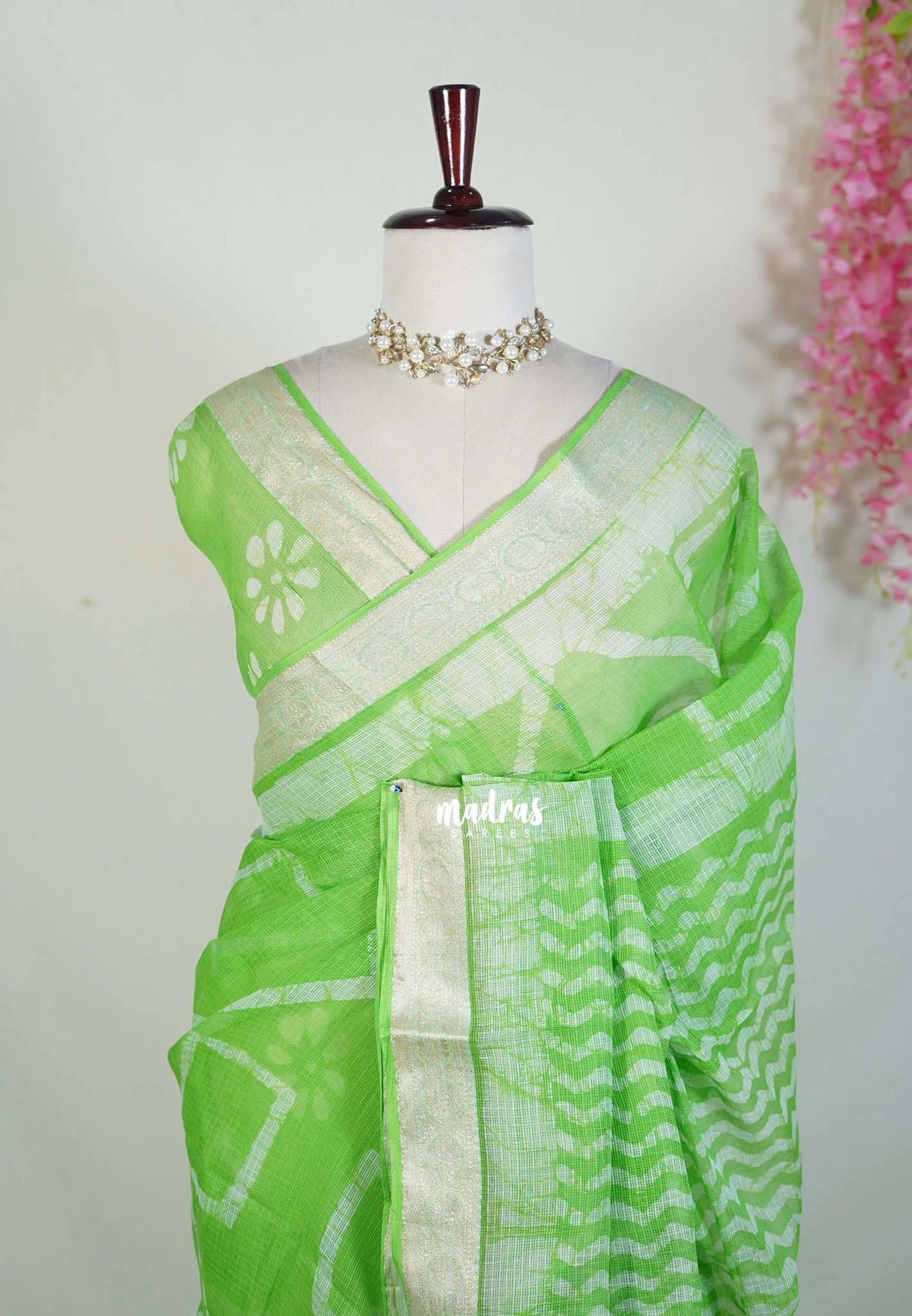Light Lime Green - Pure Kota Doriya Saree with Square Printed with Antique Silver Border - Perfect for Office Wear | Casual Wear | Summer Wear