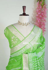 Light Lime Green - Pure Kota Doriya Saree with Square Printed with Antique Silver Border - Perfect for Office Wear | Casual Wear | Summer Wear