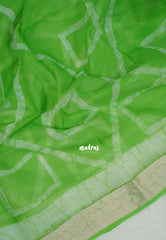 Light Lime Green - Pure Kota Doriya Saree with Square Printed with Antique Silver Border - Perfect for Office Wear | Casual Wear | Summer Wear