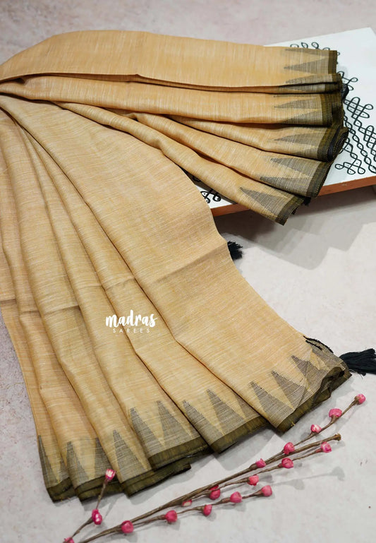 Beige - Leela - Soft assam cotton plain body with temple border