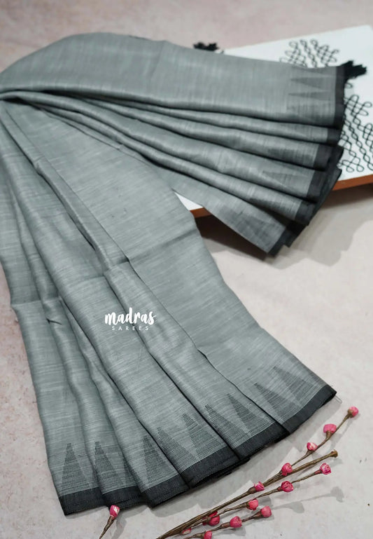 Mild Grey - Leela - Soft assam cotton plain body with temple border
