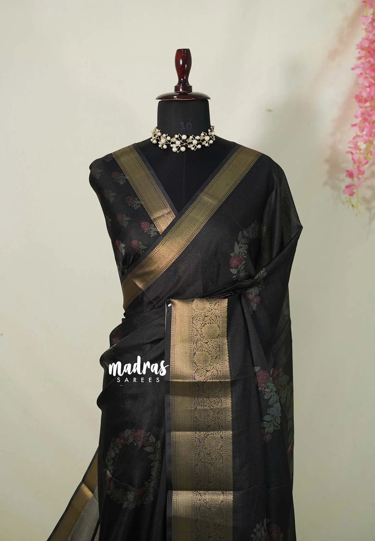 Jet Black - Avantika - Semi Mysore Silk with Floral Border - Perfect for Festival Wear | Casual Wear