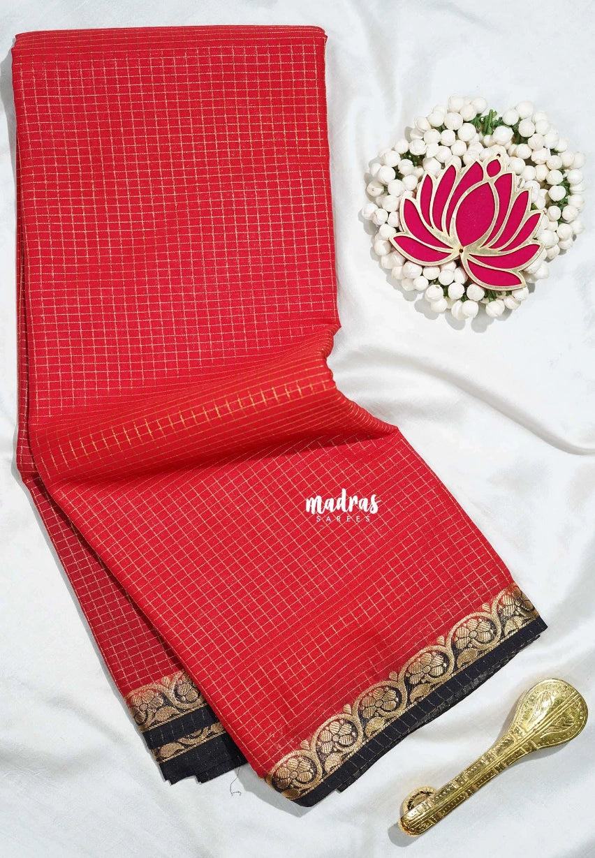 Spicy Red - Avantika - Semi Mysore Silk Saree Zari Checks with Contrast Pallu and Blouse - Perfect for Small Functions