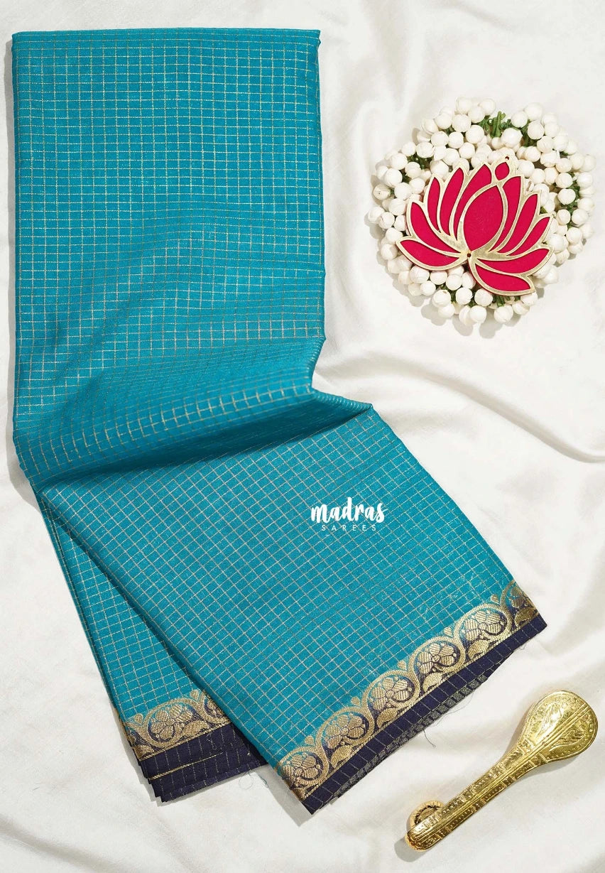 Teal Blue - Avantika - Semi Mysore Silk Saree Zari Checks with Contrast Pallu and Blouse - Perfect for Small Functions
