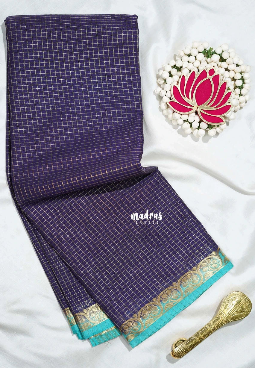 Midnight Purple - Avantika - Semi Mysore Silk Saree Zari Checks with Contrast Pallu and Blouse - Perfect for Small Functions