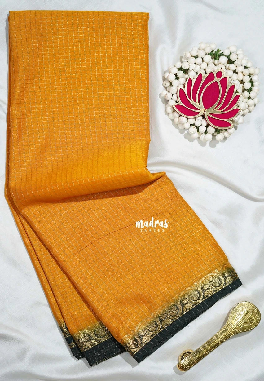 Turmeric Yellow - Avantika - Semi Mysore Silk Saree Zari Checks with Contrast Pallu and Blouse - Perfect for Small Functions