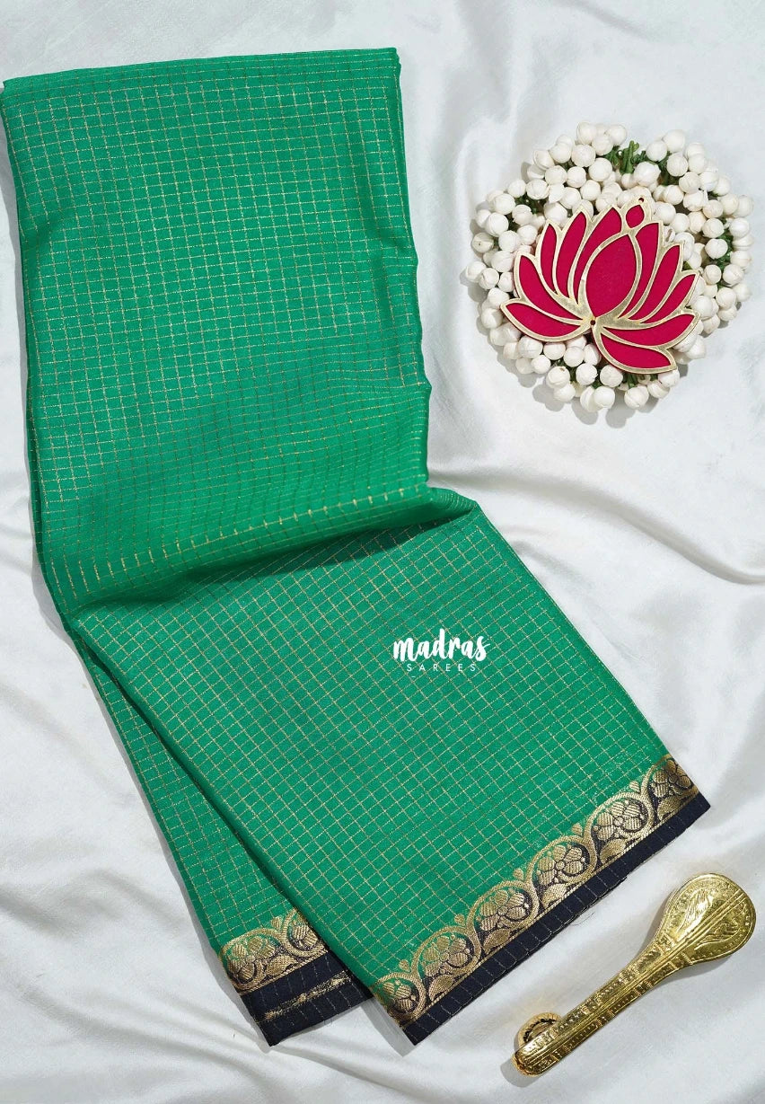 Bright Aqua Green - Avantika - Semi Mysore Silk Saree Zari Checks with Contrast Pallu and Blouse - Perfect for Small Functions