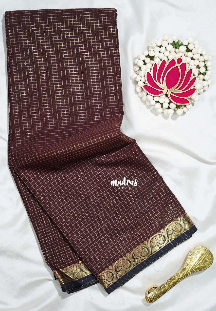 Coffe Brown - Avantika - Semi Mysore Silk Saree Zari Checks with Contrast Pallu and Blouse - Perfect for Small Functions
