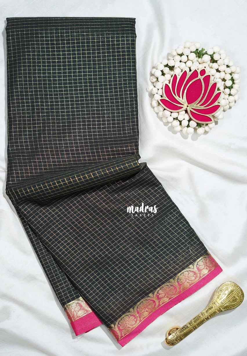 Midnight Green - Avantika - Semi Mysore Silk Saree Zari Checks with Contrast Pallu and Blouse - Perfect for Small Functions