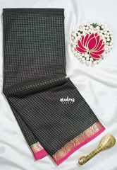 Midnight Green - Avantika - Semi Mysore Silk Saree Zari Checks with Contrast Pallu and Blouse - Perfect for Small Functions
