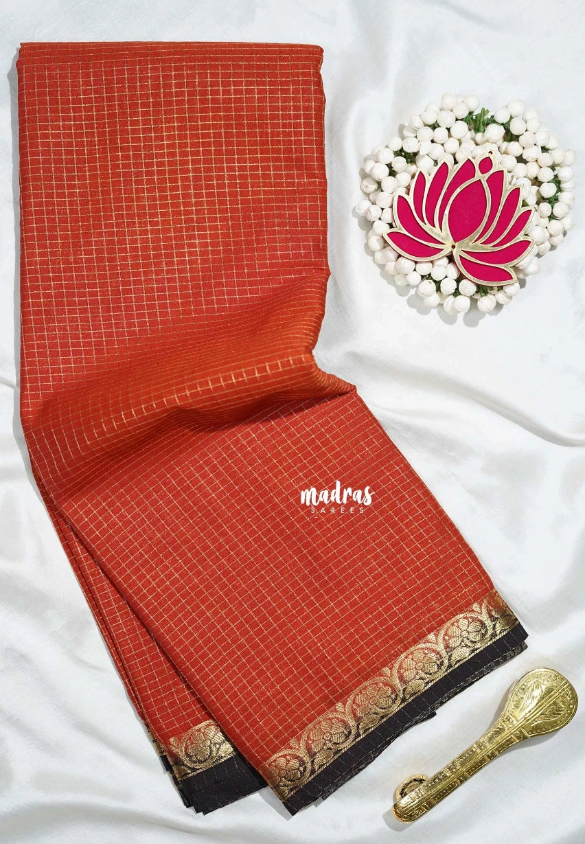 Rust Orange - Avantika - Semi Mysore Silk Saree Zari Checks with Contrast Pallu and Blouse - Perfect for Small Functions