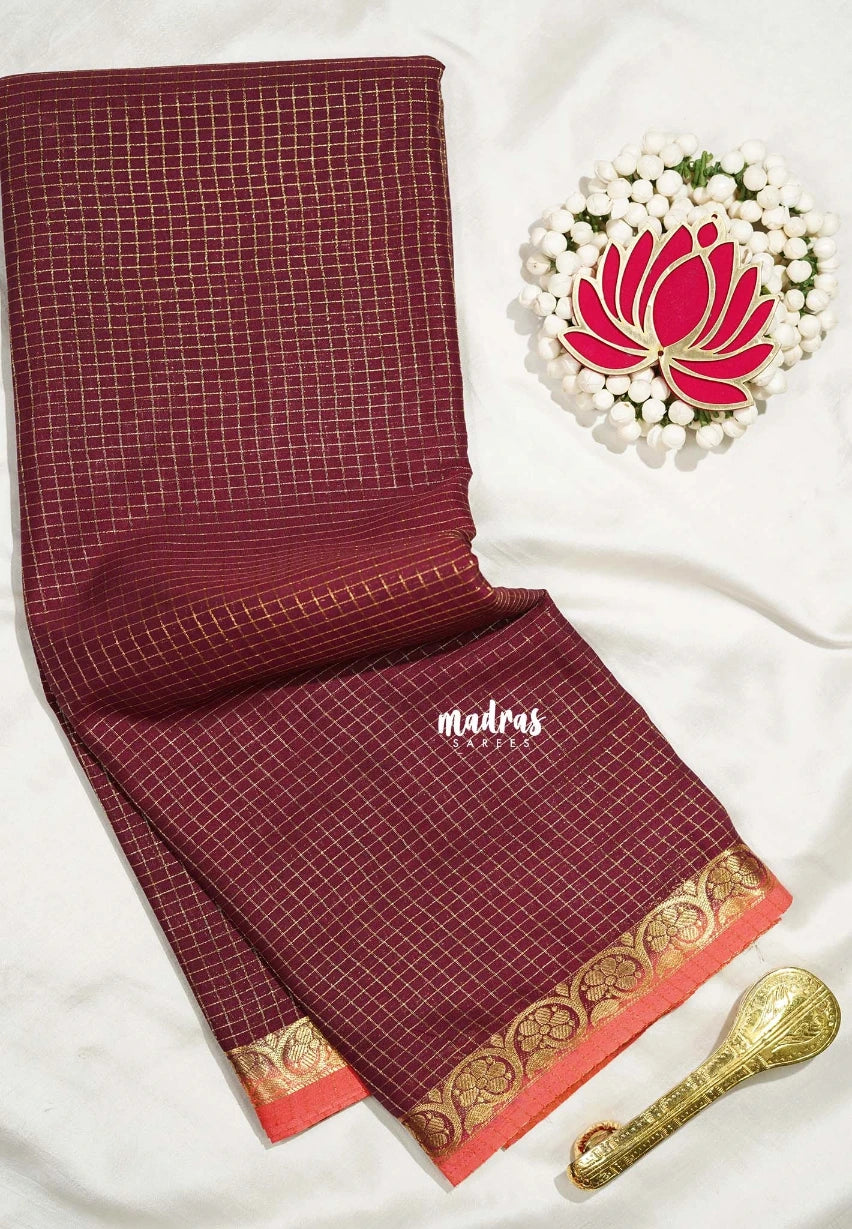 Majestic Maroon - Avantika - Semi Mysore Silk Saree Zari Checks with Contrast Pallu and Blouse - Perfect for Small Functions
