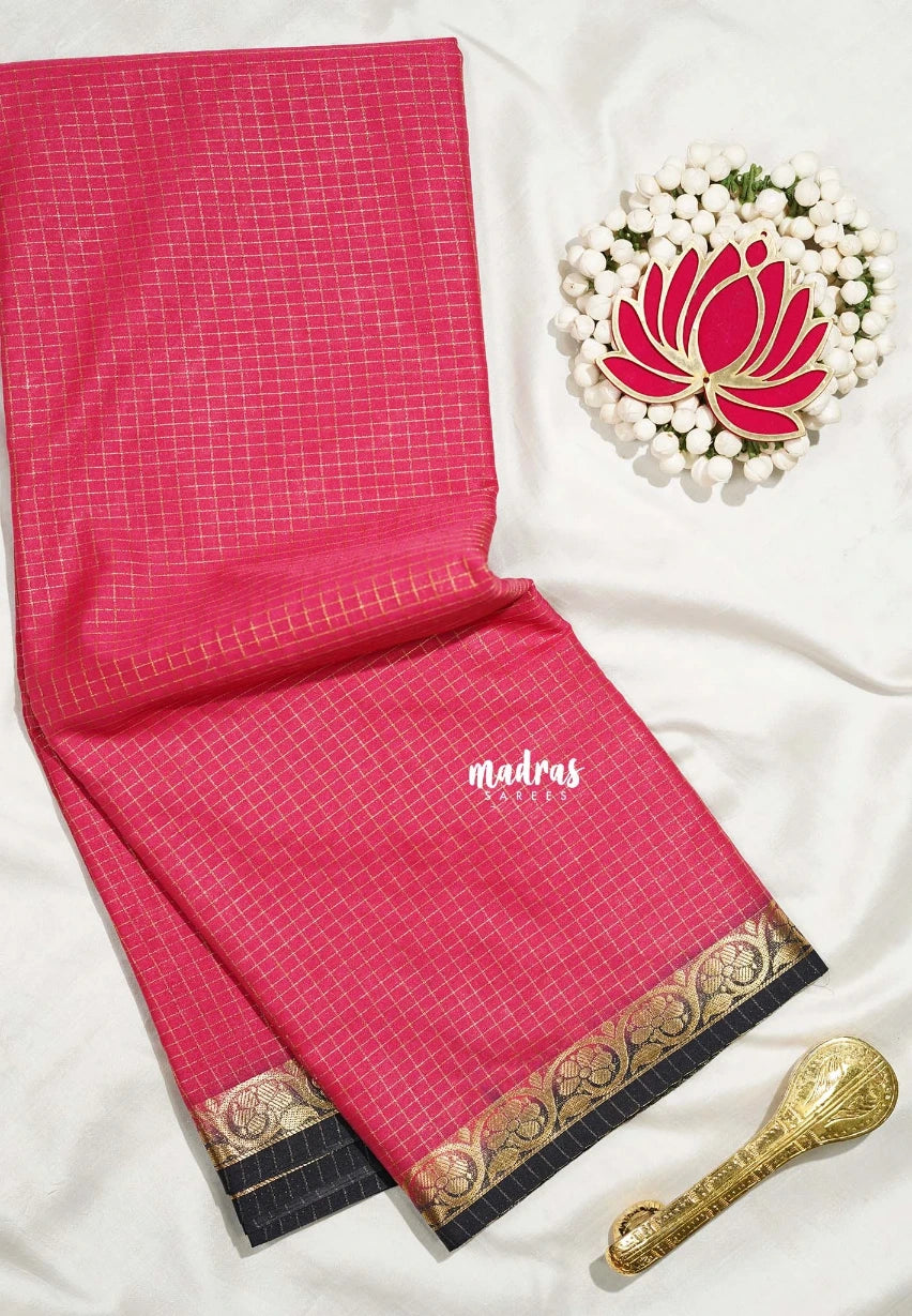 Punch Pink - Avantika - Semi Mysore Silk Saree Zari Checks with Contrast Pallu and Blouse - Perfect for Small Functions