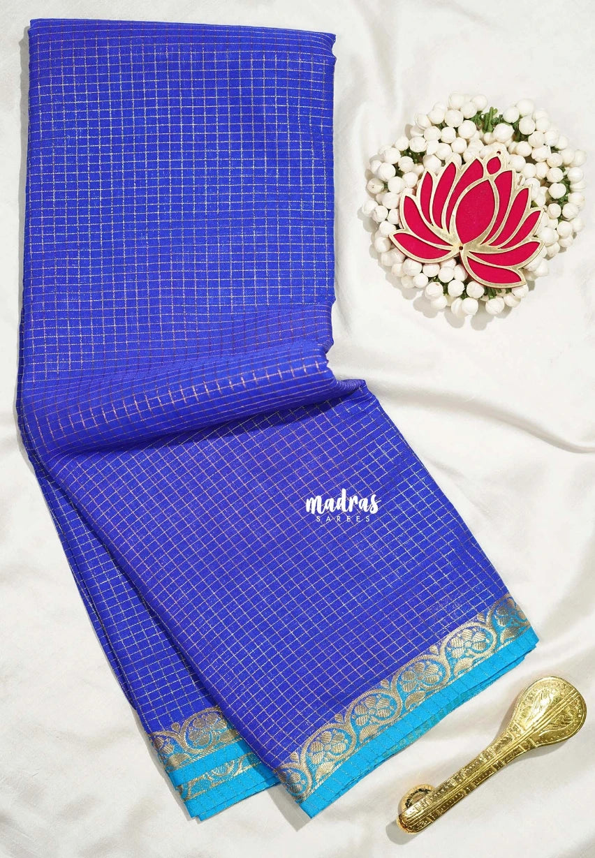 MS Amma Blue - Avantika - Semi Mysore Silk Saree Zari Checks with Contrast Pallu and Blouse - Perfect for Small Functions