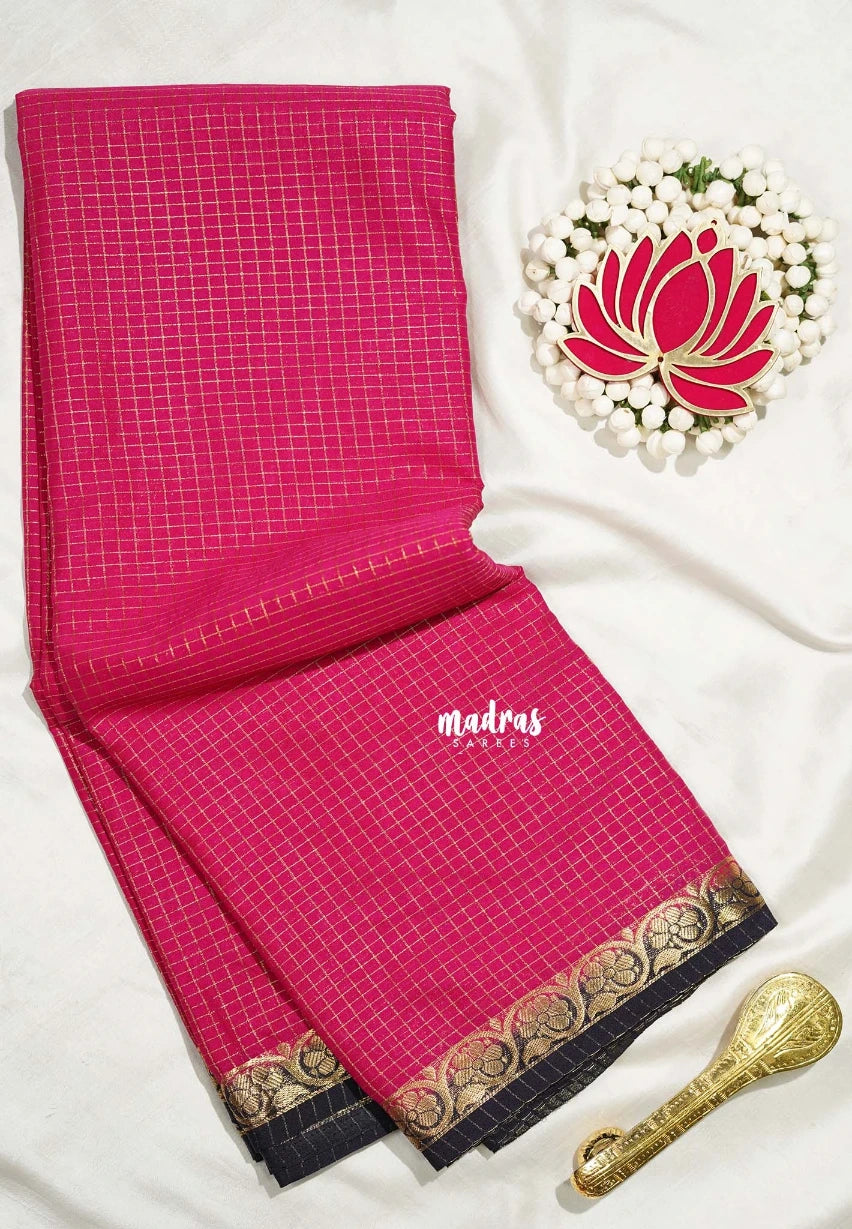 Queen's Pink - Avantika - Semi Mysore Silk Saree Zari Checks with Contrast Pallu and Blouse - Perfect for Small Functions