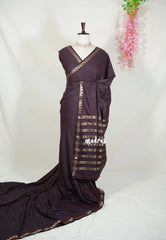 Dark Chocolate Brown - Avantika - Semi Mysore Silk Saree with Small Mango Border - Perfect for Small Functions