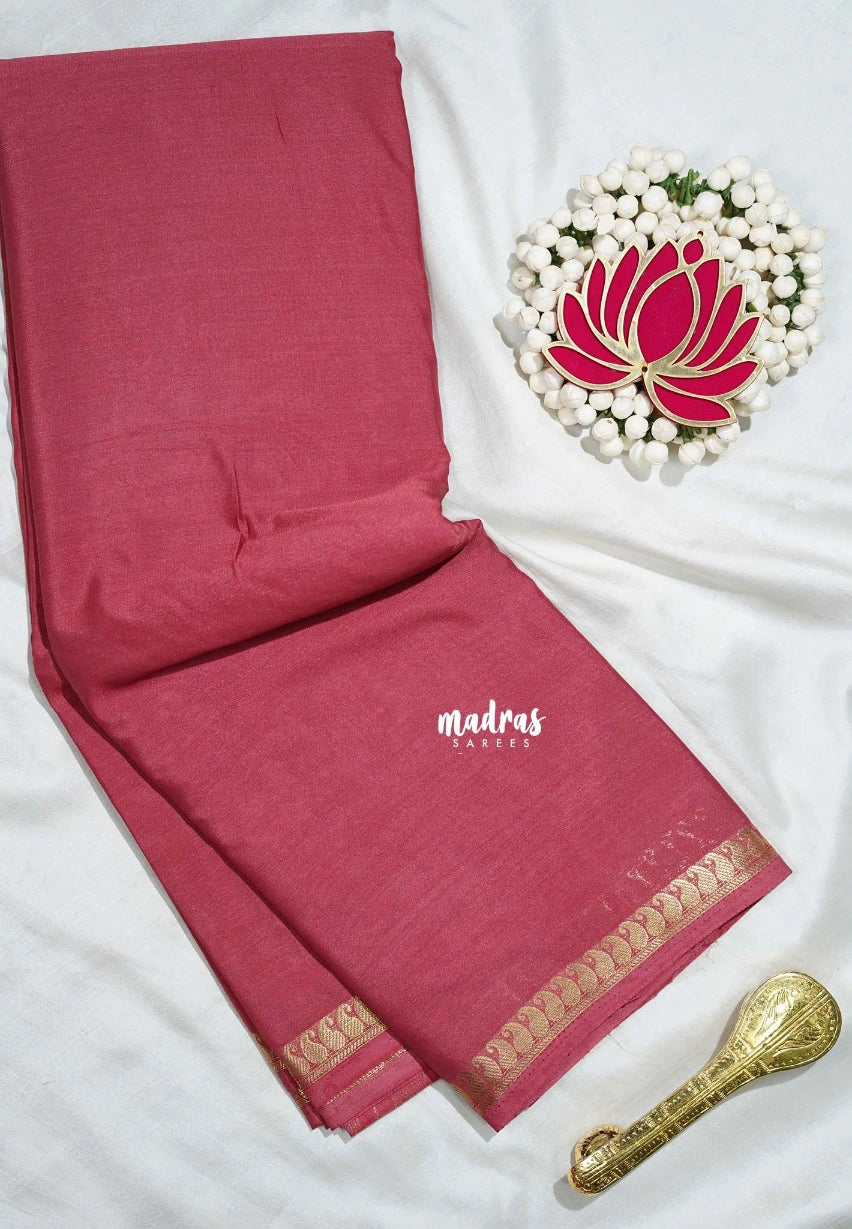 Rosewood Pink - Avantika - Semi Mysore Silk Saree with Small Mango Border - Perfect for Regular Wear | Office Wear