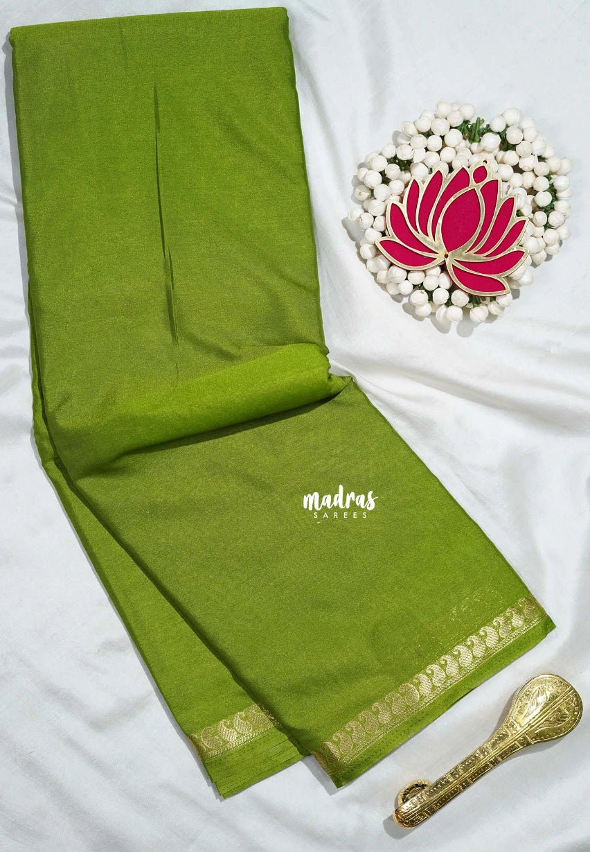 Sap Green - Avantika - Semi Mysore Silk Saree with Small Mango Border - Perfect for Regular Wear | Office Wear
