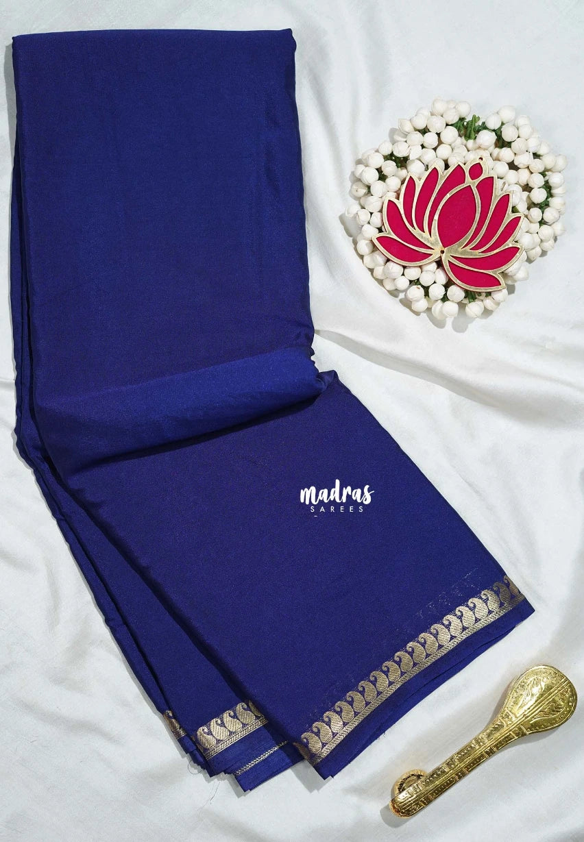 Indigo Blue - Avantika - Semi Mysore Silk Saree with Small Mango Border - Perfect for Regular Wear | Office Wear