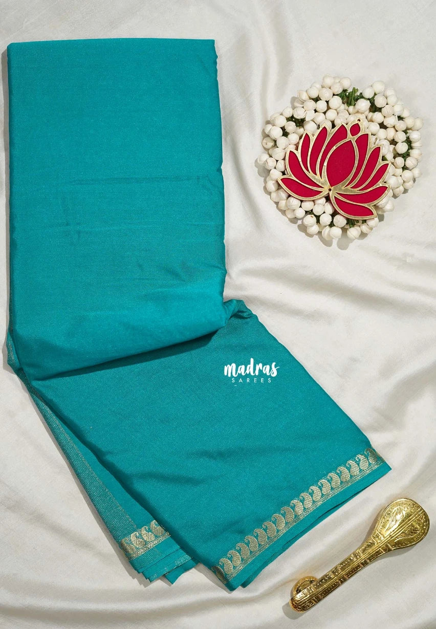 Teal Blue - Avantika - Semi Mysore Silk Saree with Small Mango Border - Perfect for Regular Wear | Office Wear