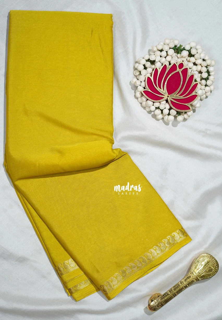 Yellowish Green - Avantika - Semi Mysore Silk Saree with Small Mango Border - Perfect for Regular Wear | Office Wear