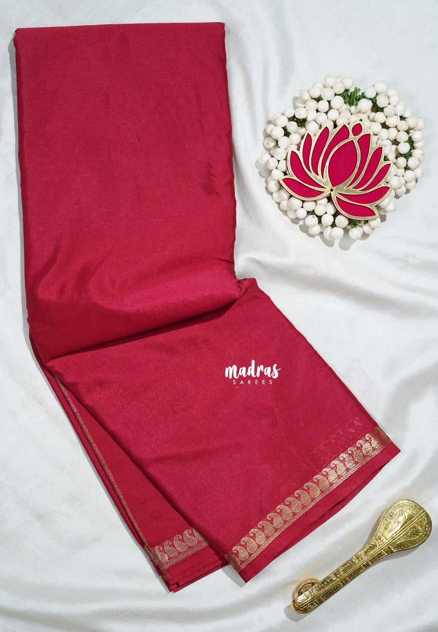 Crimson Pink - Avantika - Semi Mysore Silk Saree with Small Mango Border - Perfect for Regular Wear | Office Wear